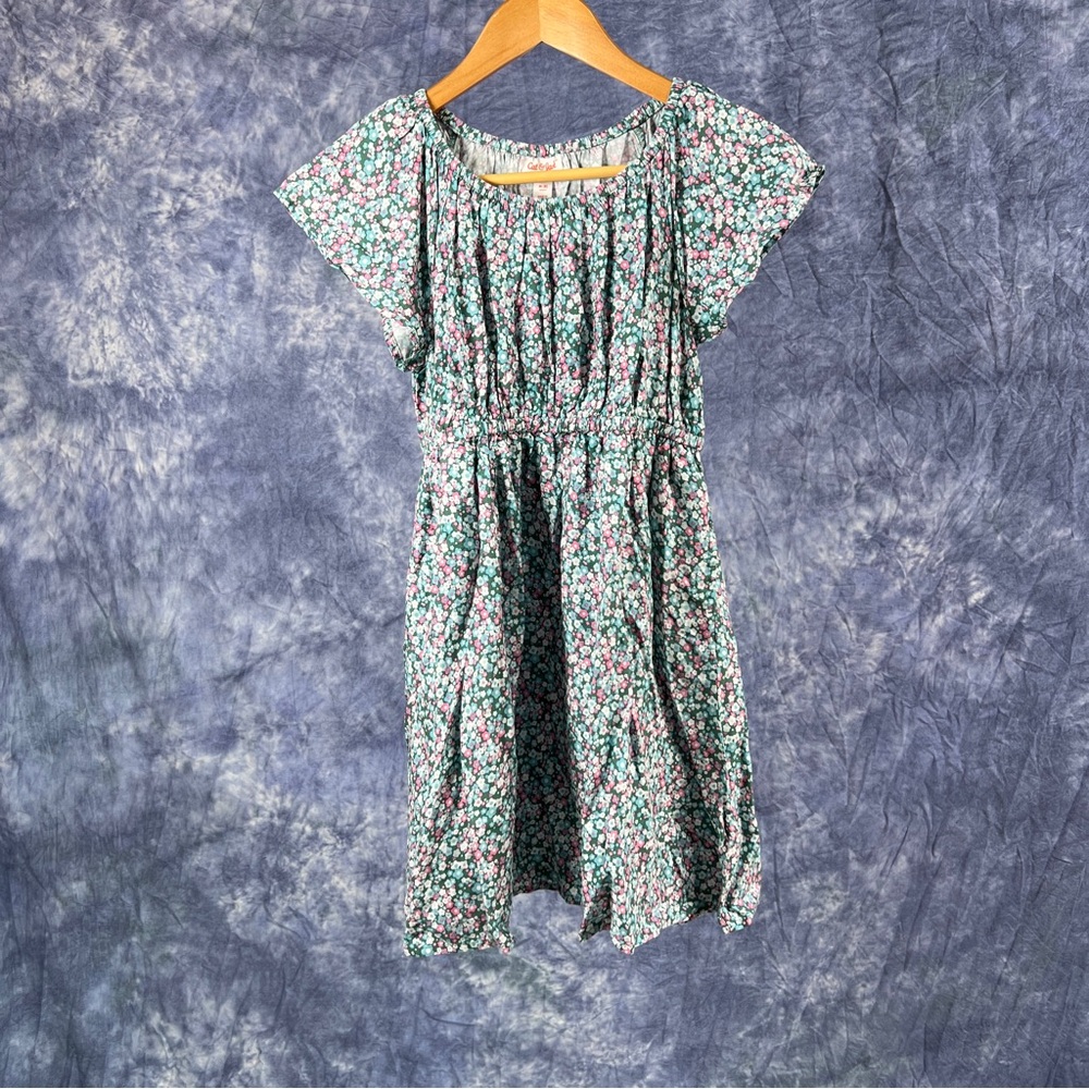Cat & Jack Girls Sz 8 Green Floral Dress w/ Blue, Pink and White Flowers